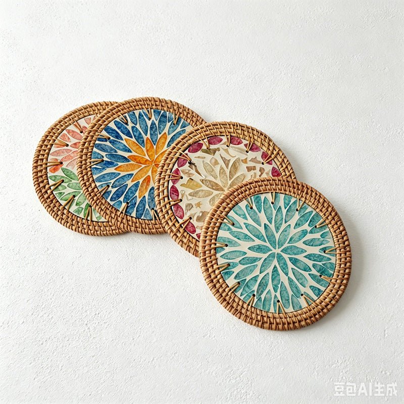 Teuke Home Woven Rattan Shell Insulated Coaster - Nautical Table Mat