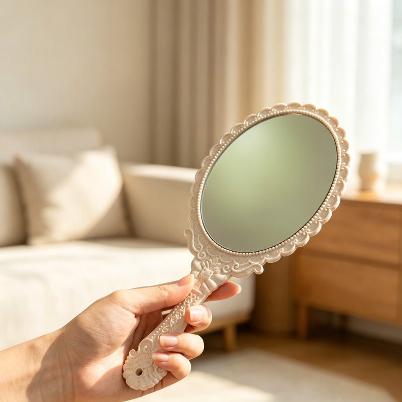 Teuke Home Handled Oval Handheld Make Up Mirror - Simple Daily Essential