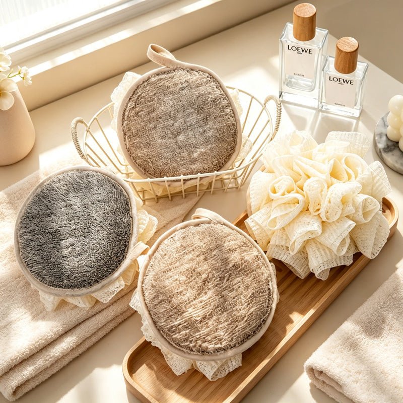 Teuke Home 2-in-1 Double-Sided Cotton Linen Bath Shower Puff - Rich Foam Body Scrubber