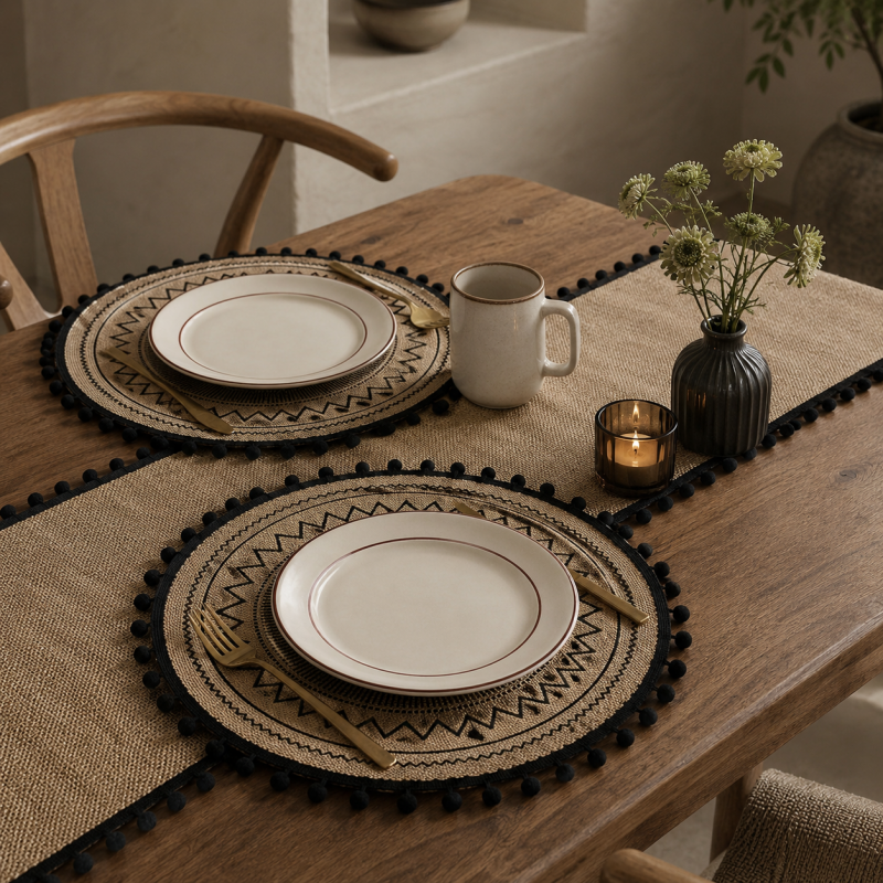 Teuke Home Round Jute Woven Placemat - Fringed Tassel Table Pad
