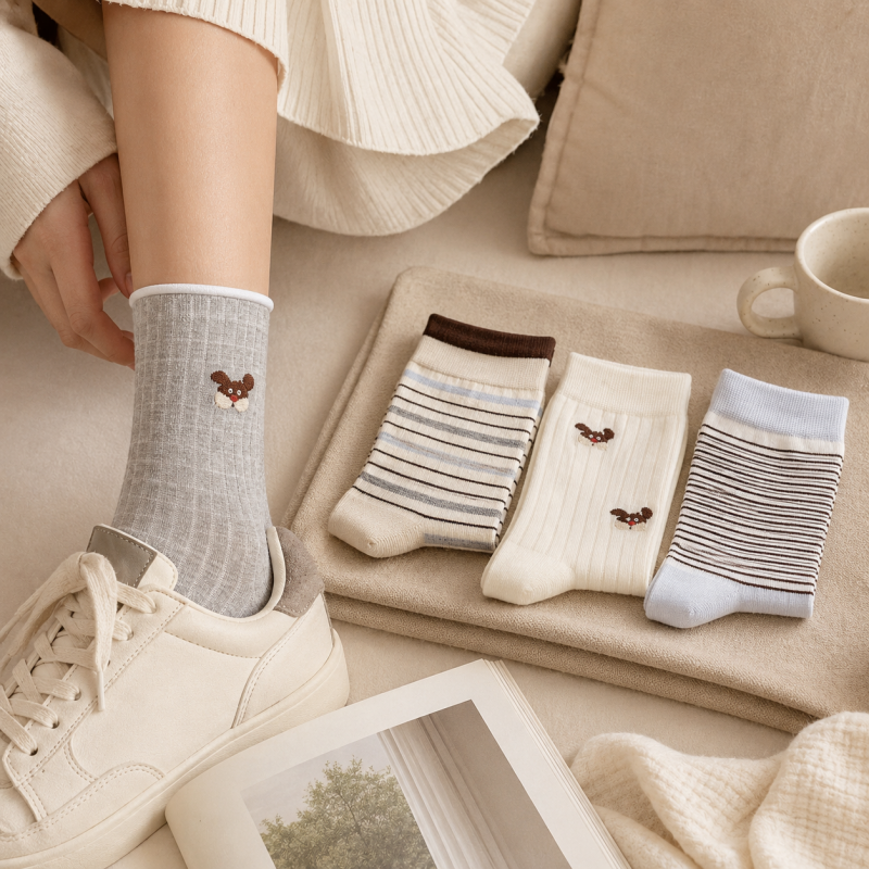 Teuke Home Puppy Motif Crew Socks - Everyday Shoe Accent