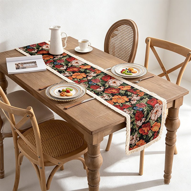 Teuke Home Vintage Floral Woven Table Runner - Boho Tassel Home Decor