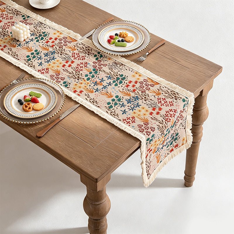 Teuke Home Vintage Floral Woven Table Runner - Boho Tassel Home Decor