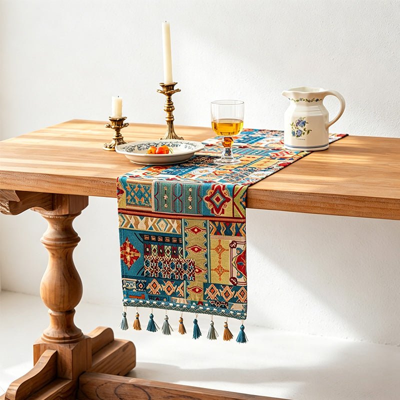 Teuke Home Boho Vintage Jacquard Table Runner - Elegant Tassel Decor