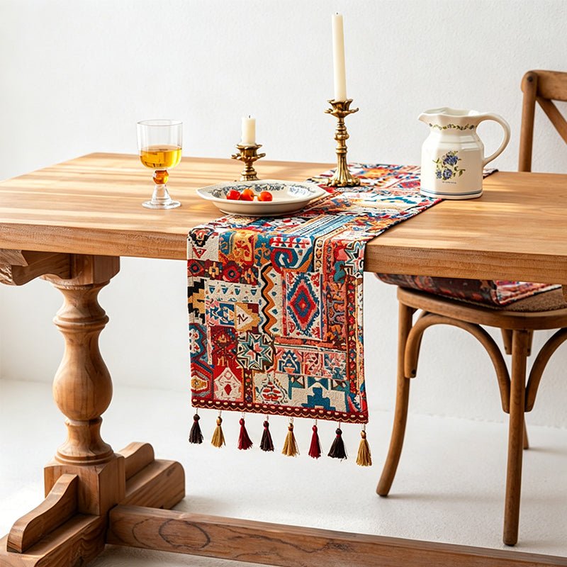 Teuke Home Boho Vintage Jacquard Table Runner - Elegant Tassel Decor