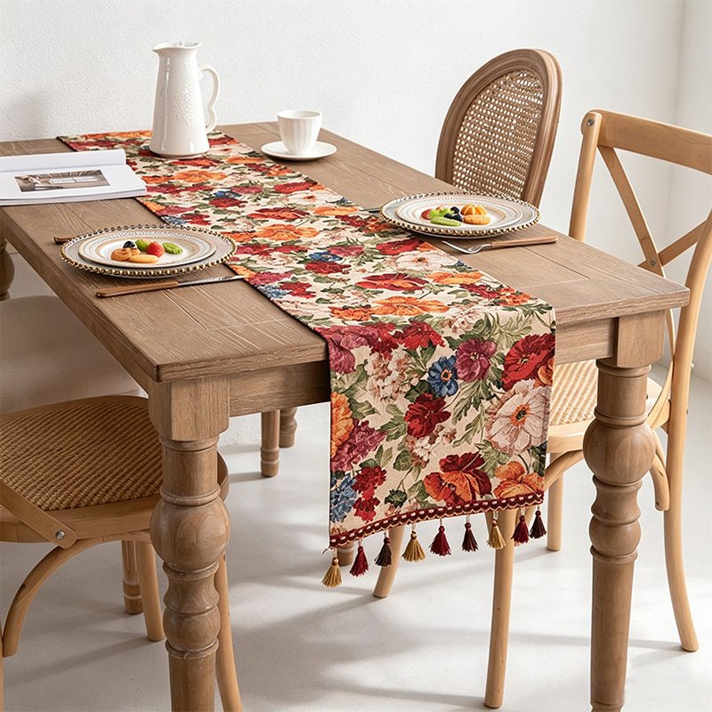 Teuke Home Boho Vintage Jacquard Table Runner - Elegant Tassel Decor