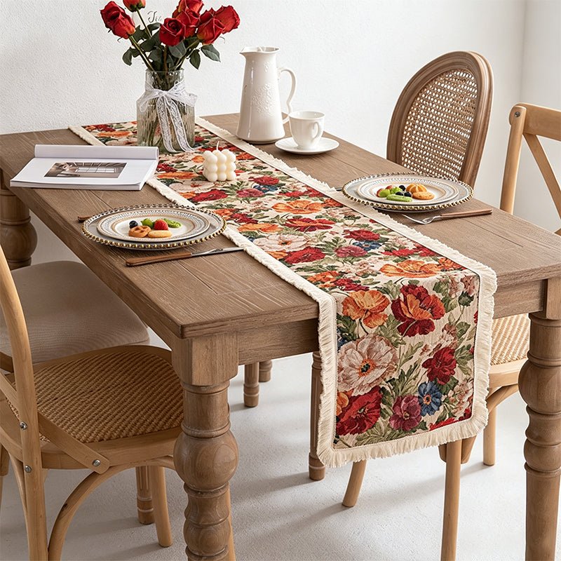 Teuke Home Vintage Floral Woven Table Runner - Boho Tassel Home Decor