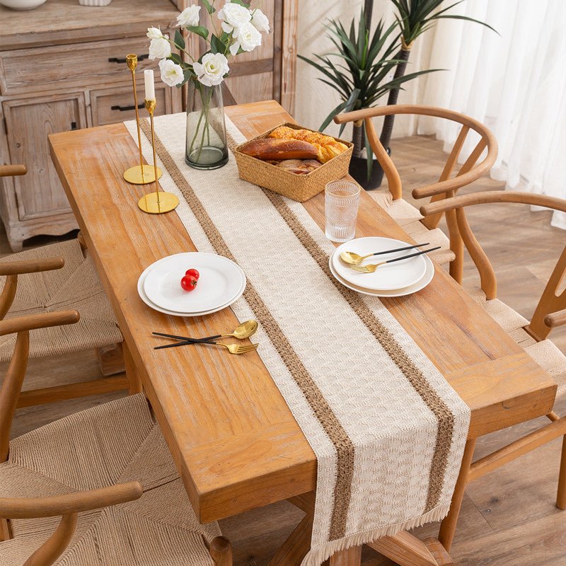 Teuke Home Linen Cotton Table Runner - Boho Striped Tassel Decor